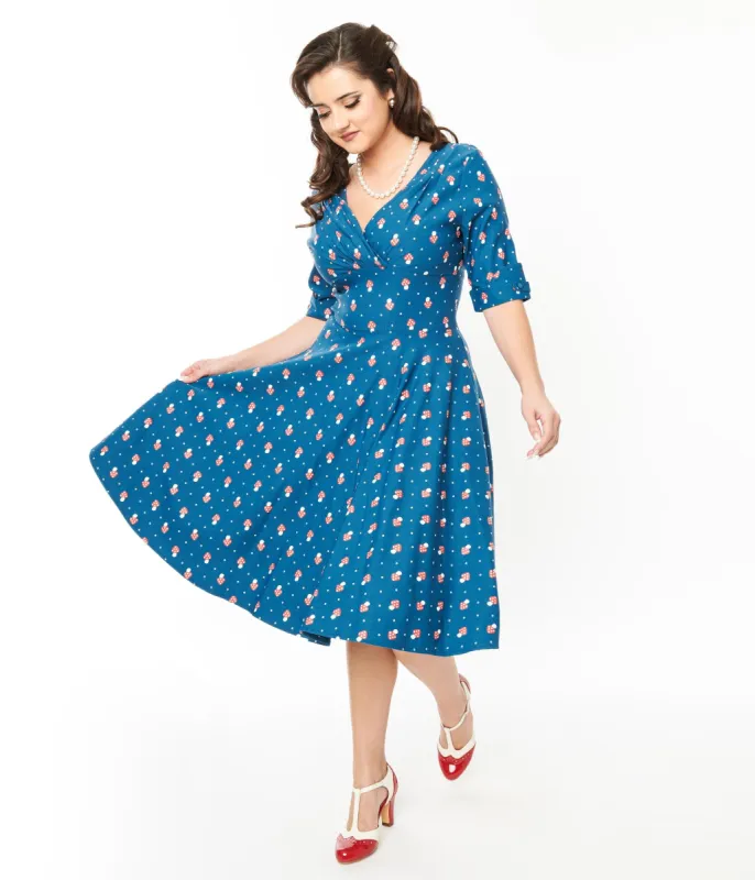Unique Vintage Teal Mushroom Stamp Delores Swing Dress sold by Unique Vintage