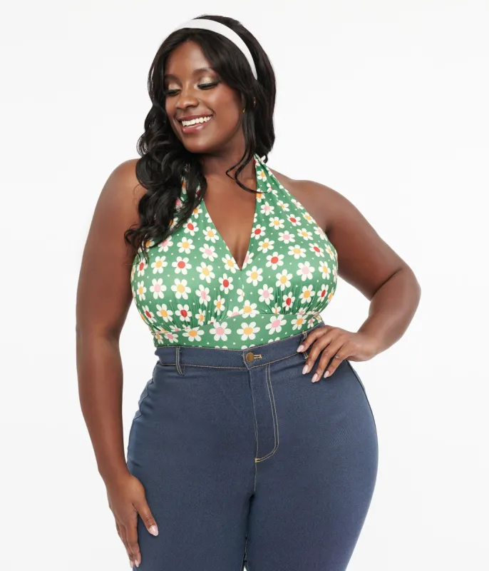 Unique Vintage Plus Size Olive Green Daisy Halter Bodysuit sold by Unique Vintage