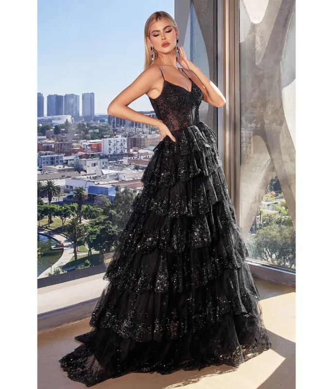Ladivine by Cinderella Divine Black Sparkle Tiered Prom Dress sold by Unique Vintage