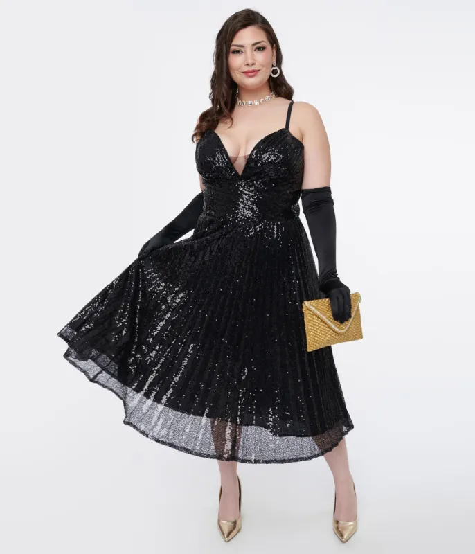 Unique Vintage Plus Size 1950s Black Pleated Sequin Swing Dress sold by Unique Vintage