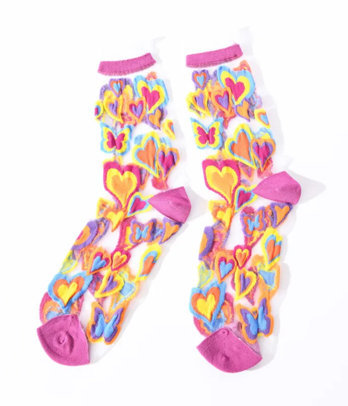 Multicolor Hearts Sheer Ruffle Crew Socks sold by Unique Vintage