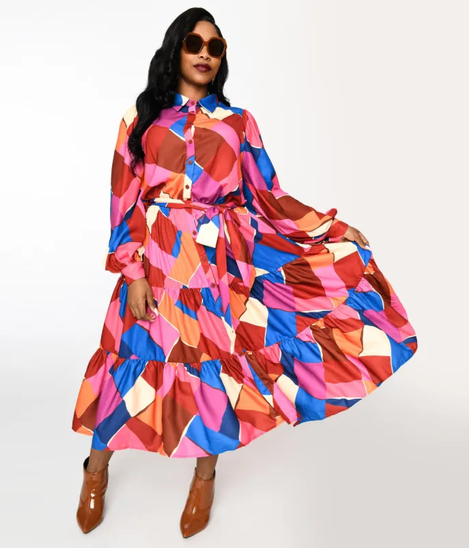 1970s Multicolor Geometric Tiered Maxi Shirt Dress made by Flying Tomato