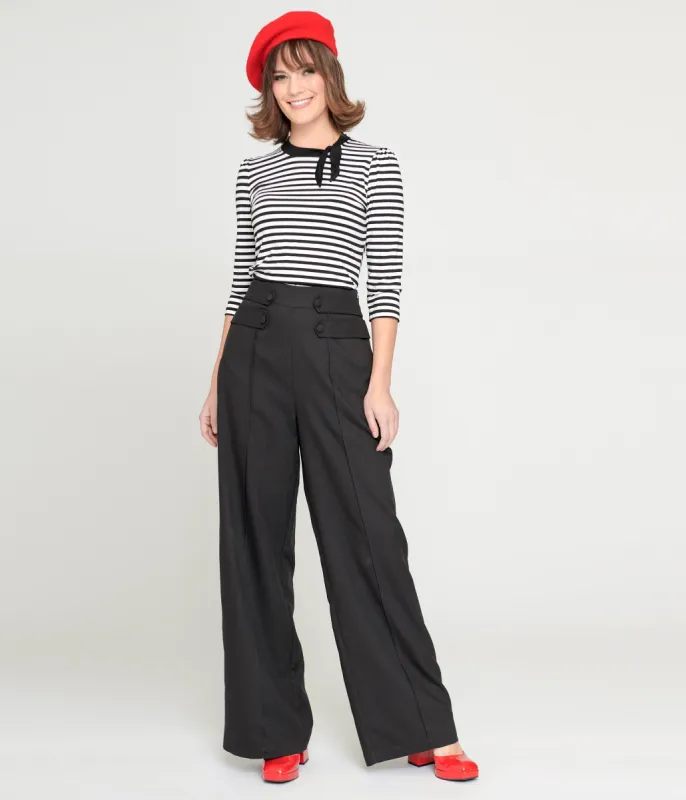 Unique Vintage 1940s Black High Waist Wide Leg Tab Pants sold by Unique Vintage