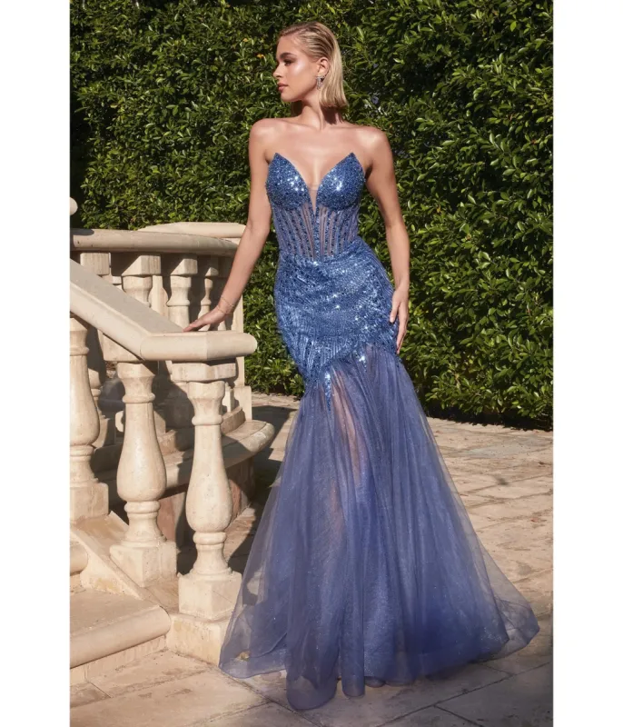 Cinderella Divine  Lapis Blue Beaded Sequin Strapless Mermaid Prom Dress sold by Unique Vintage