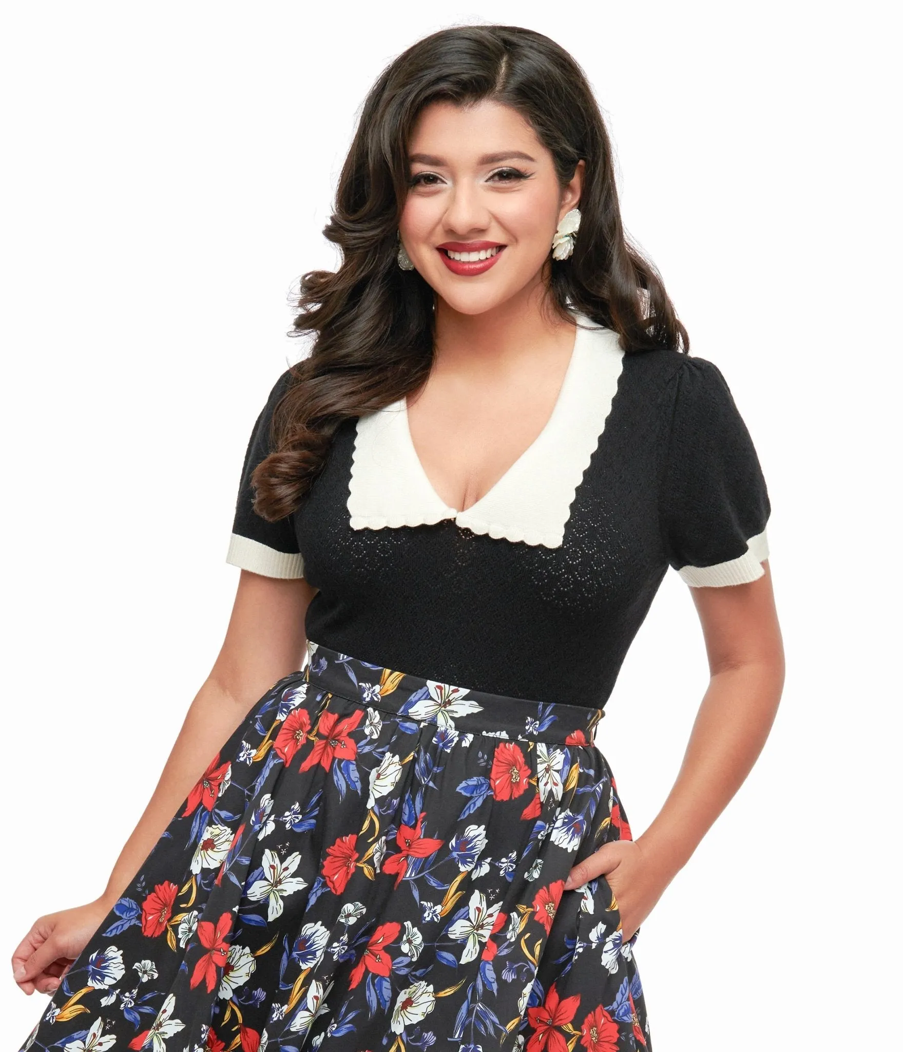 Hell Bunny 1950s Black Jacquard Joanie Top sold by Unique Vintage