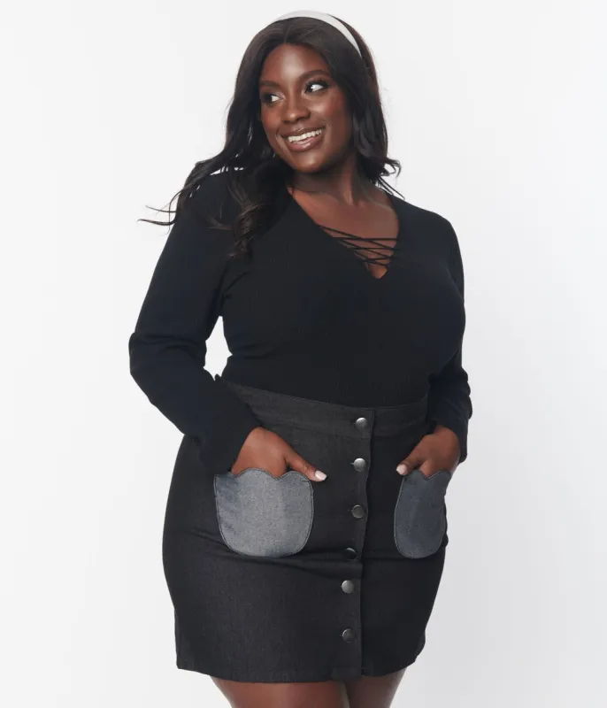 Black Ribbed Sweater Bodysuit sold by Unique Vintage