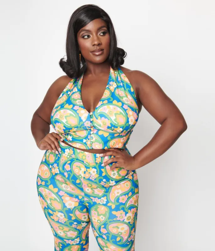 Smak Parlour Plus Size Blue Paisley Floral Mod Print Crop Top sold by Unique Vintage