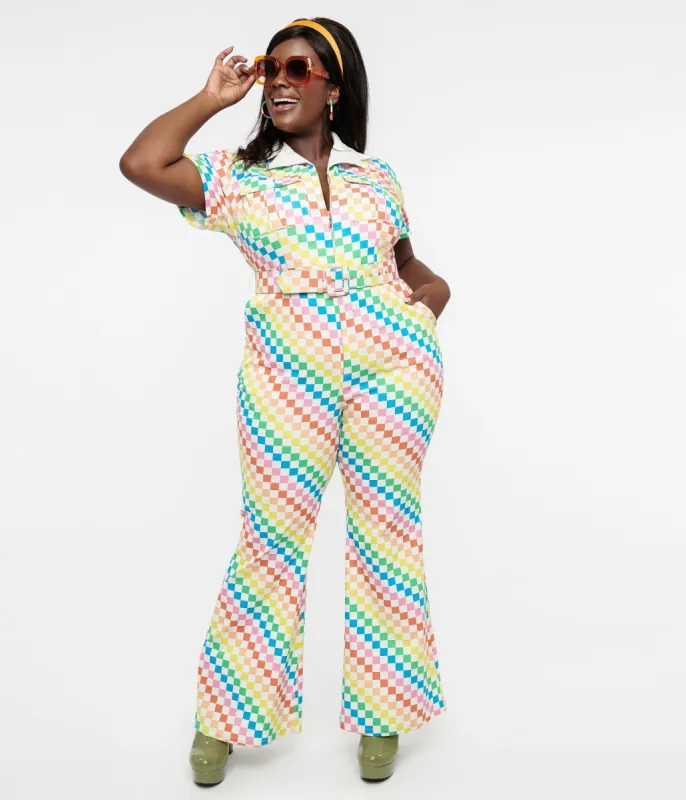 Smak Parlour Plus Size 1970s Rainbow Check Flare Jumpsuit sold by Unique Vintage