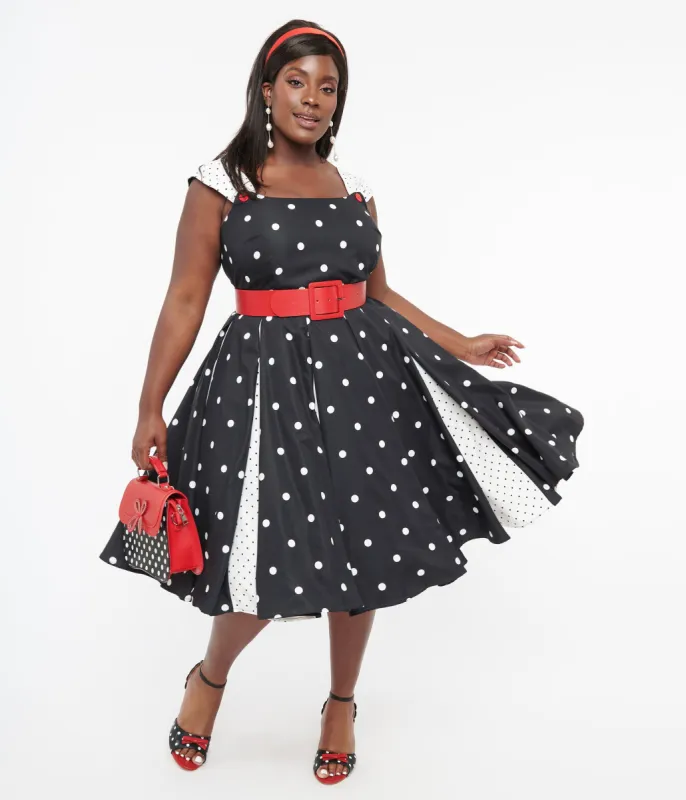 Unique Vintage Plus Size Black & White Polka Dot Stripe Swing Dress sold by Unique Vintage