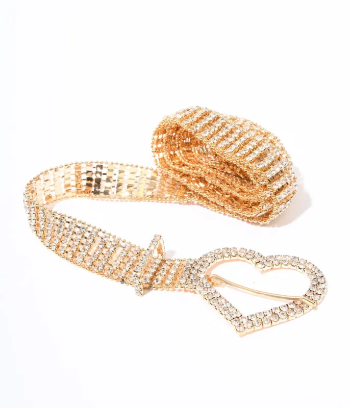 Gold & Silver Rhinestone Heart Buckle Belt sold by Unique Vintage
