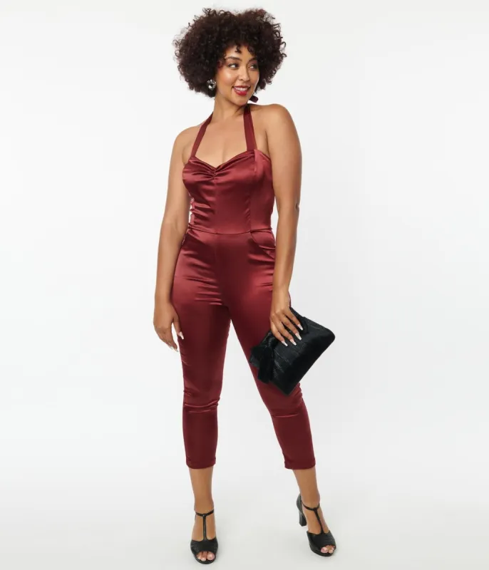 Unique Vintage 1970s Wine Satin Marcel Jumpsuit sold by Unique Vintage
