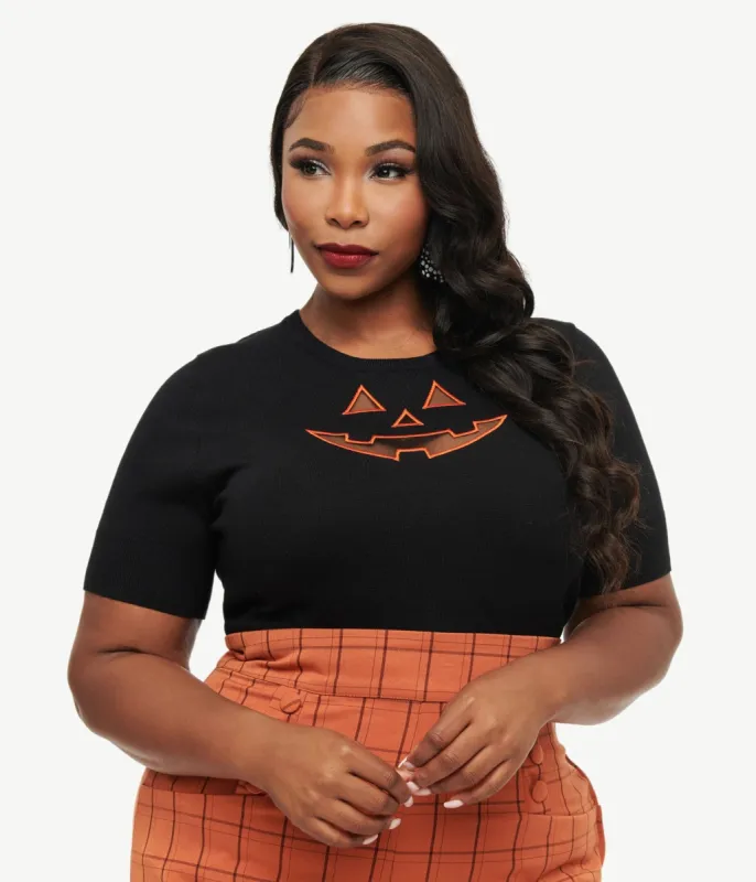 Hell Bunny Plus Size Black & Orange Jack-O-Lantern Knit Top sold by Unique Vintage