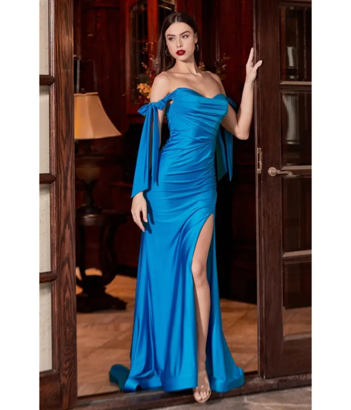 Cinderella Divine  Cyan Blue Off The Shoulder Tie Prom Gown sold by Unique Vintage