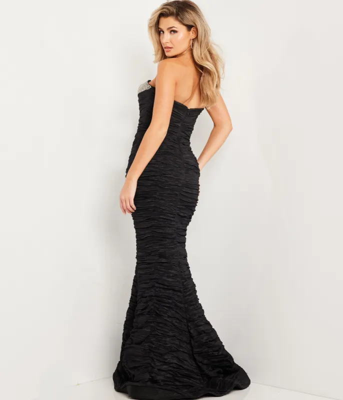 Jovani Black Rhinestone Embellished Strapless Shirred Mermaid Prom Dress sold by Unique Vintage