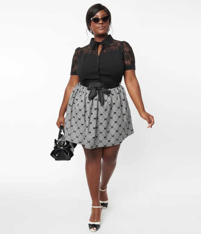 Unique Vintage Plus Size Black & White Houndstooth & Bows Flare Skirt sold by Unique Vintage