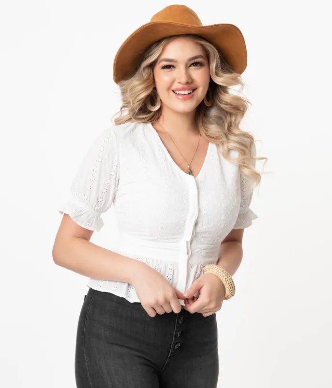 White Eyelet Peplum Jolene Blouse sold by Unique Vintage