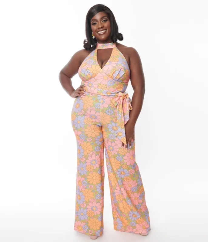 Smak Parlour Plus Size Avocado Green & Multicolor Daisy Glamour Goddess Jumpsuit sold by Unique Vintage