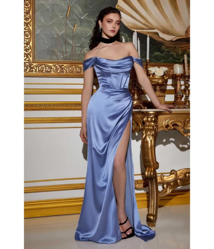 Cinderella Divine  Smokey Blue Satin Off the Shoulder Corset Bridesmaid Gown sold by Unique Vintage