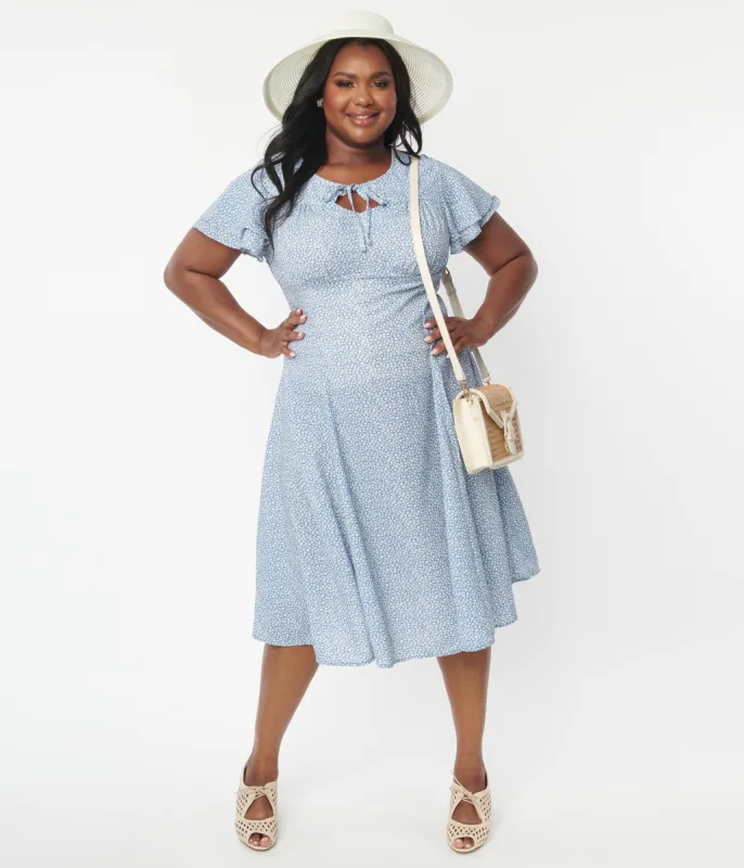 Plus Size Blue & White Floral Print Lydia Swing Dress sold by Unique Vintage