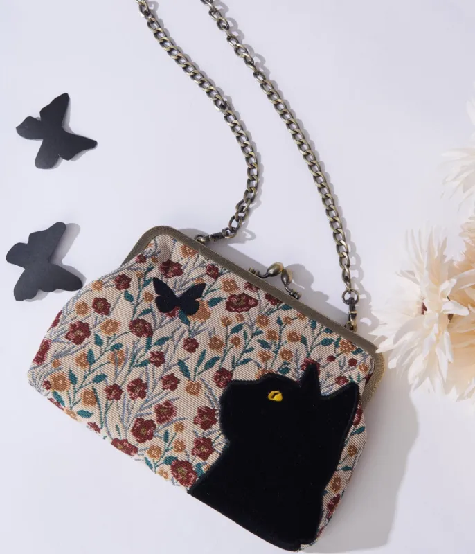 Floral Black Cat Handbag sold by Unique Vintage