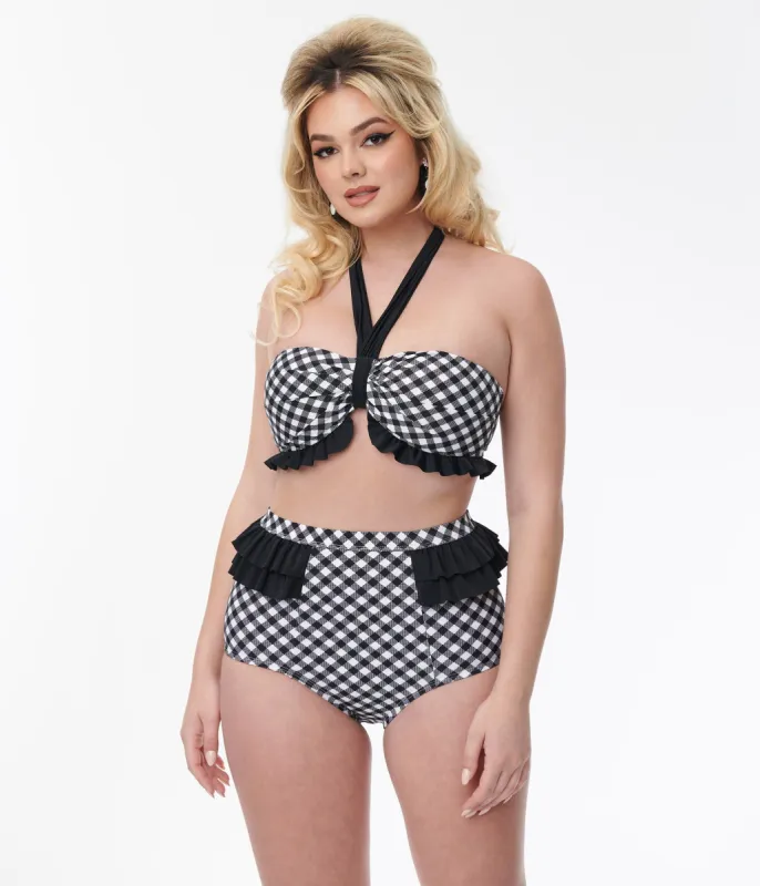 Unique Vintage Black & White Bias Gingham Twist Front Halter Swim Top sold by Unique Vintage