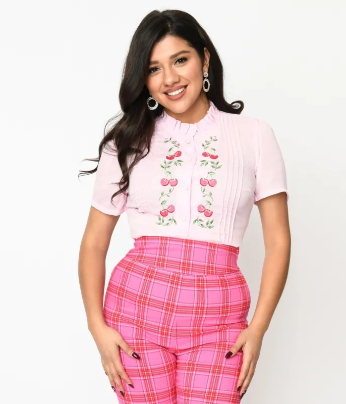 Unique Vintage Pale Pink Cherries Pin Tuck Peplum Blouse sold by Unique Vintage