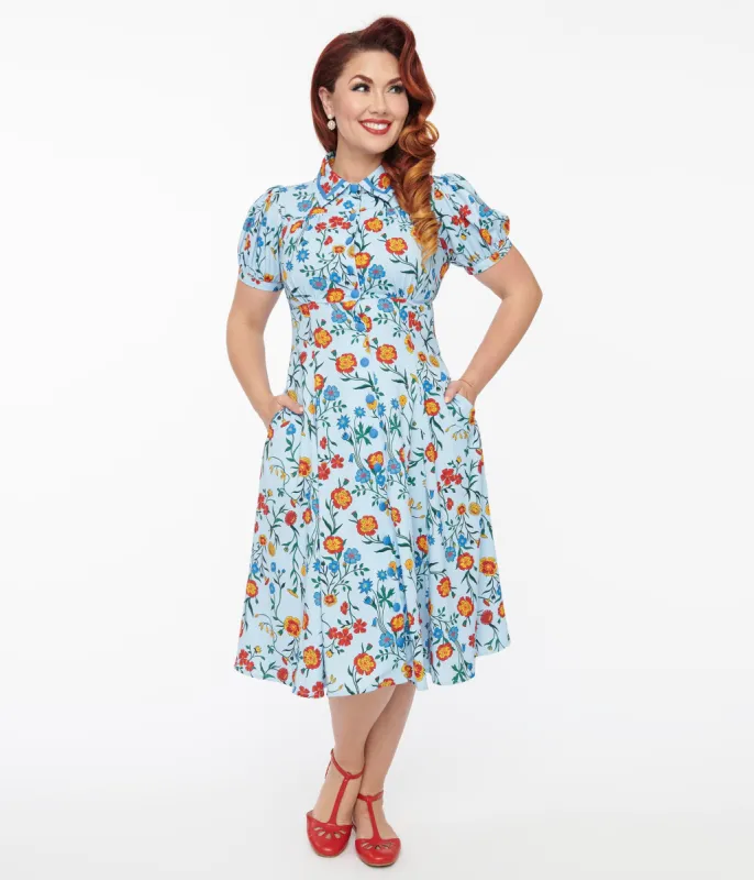 Unique Vintage 1950s Blue Floral Fit & Flare Dress sold by Unique Vintage