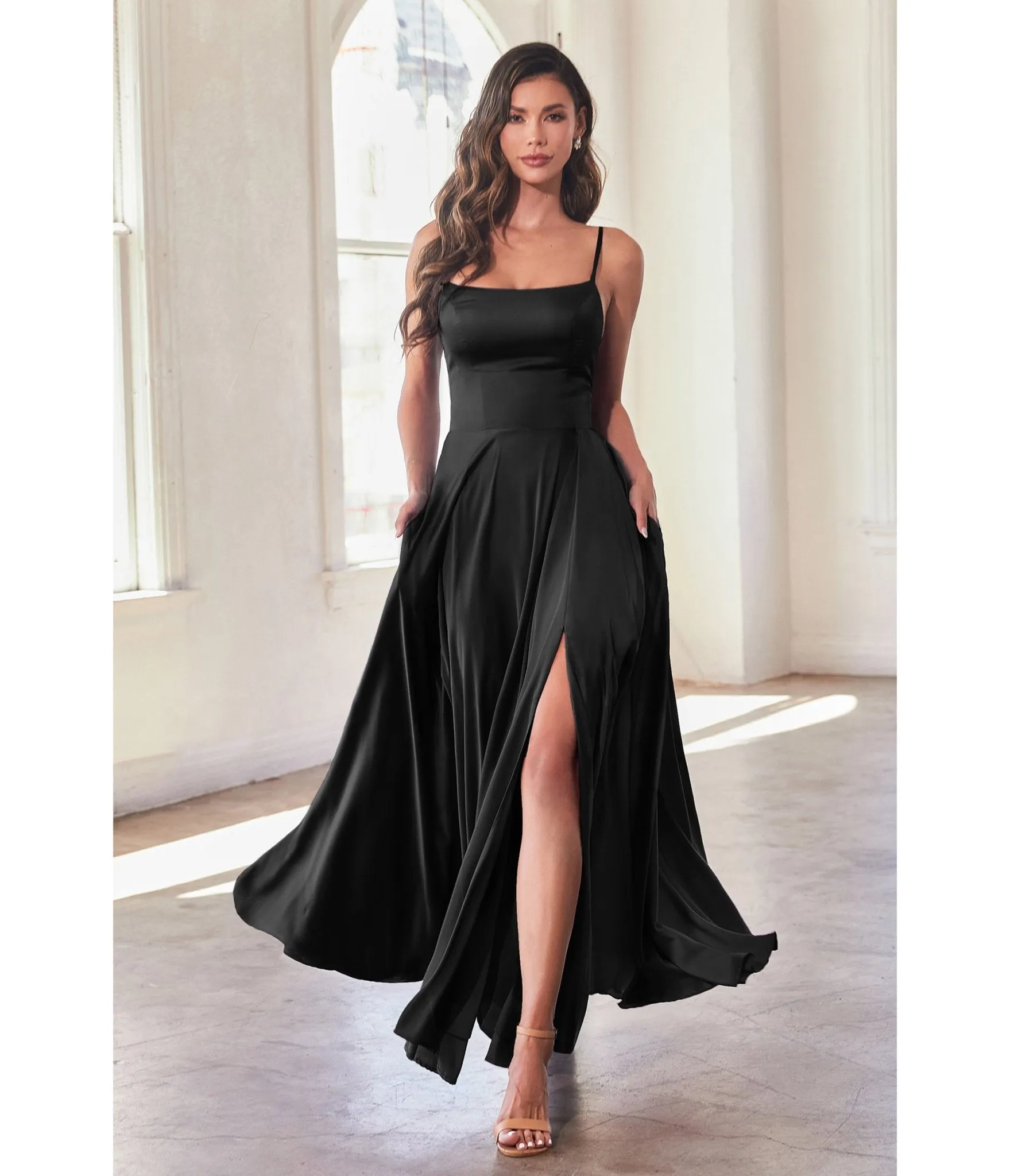 Ladivine by Cinderella Divine Black Satin A Line Bridesmaid Dress sold by Unique Vintage