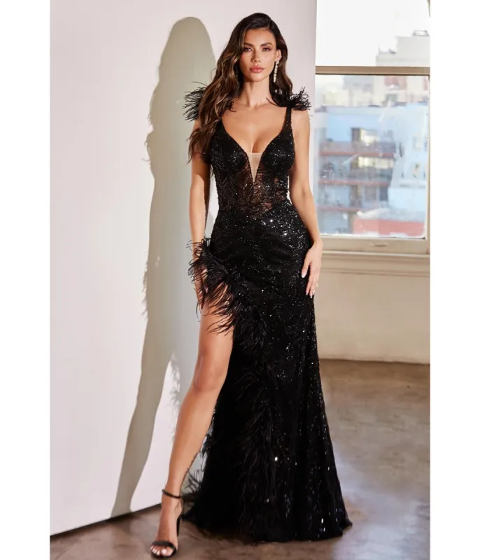 Cinderella Divine  Black Sequin & Feather Plunge Evening Gown sold by Unique Vintage