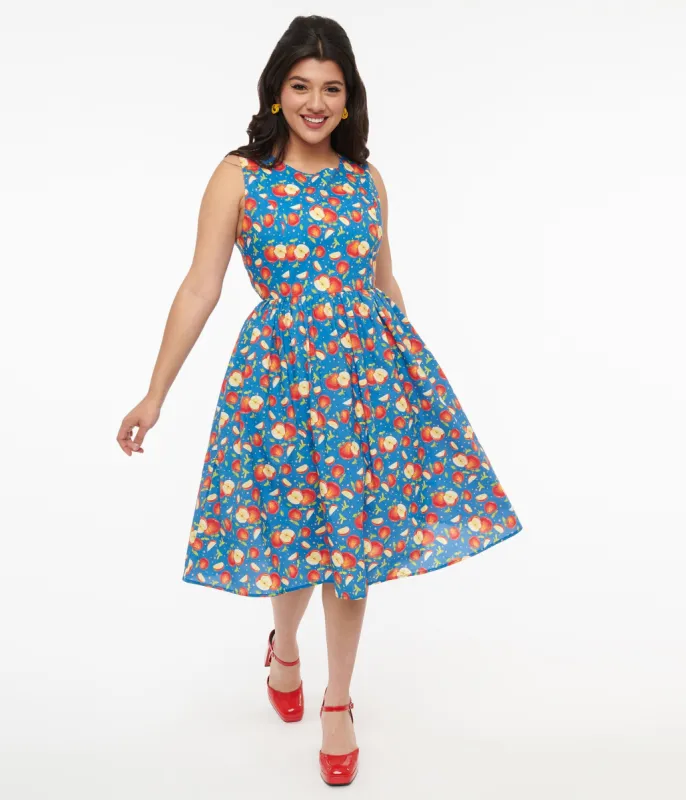 1950s Blue & Red Apple Print Cotton Swing Dress sold by Unique Vintage