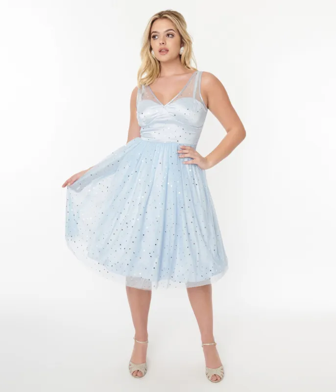Hell Bunny Light Blue & Silver Stars Infinity Swing Dress sold by Unique Vintage