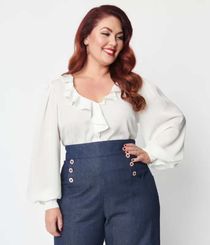 Unique Vintage Plus Size 1940s Ivory Ruffle Bishop Sleeve Blouse sold by Unique Vintage
