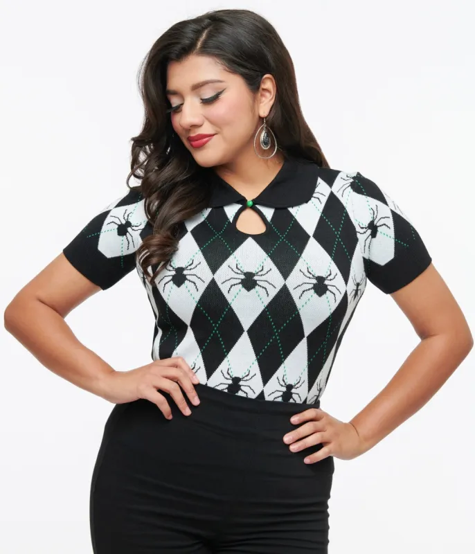 Hell Bunny 1950s Black & White Argyle Spider Natasha Top sold by Unique Vintage
