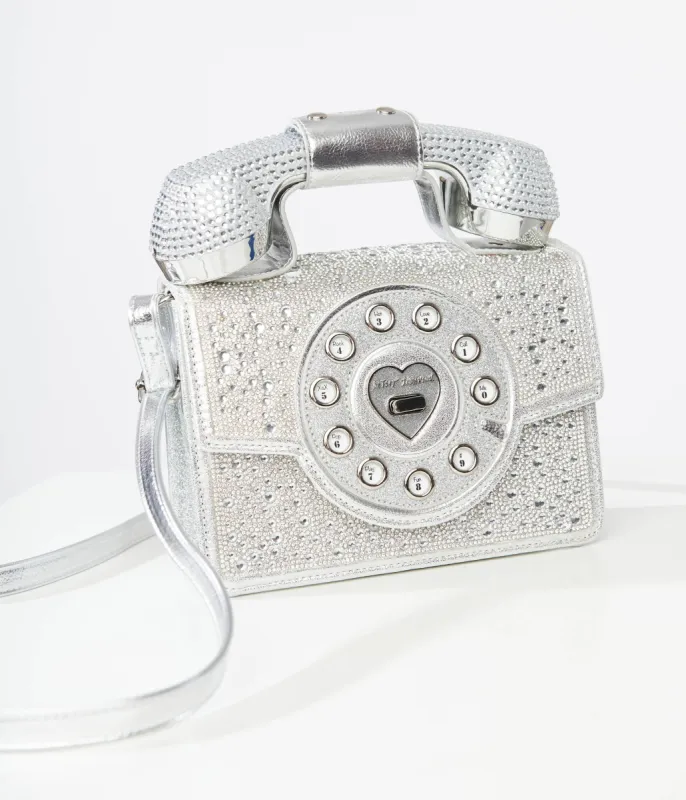 Betsey Johnson Silver Rhinestone Phone Handbag sold by Unique Vintage
