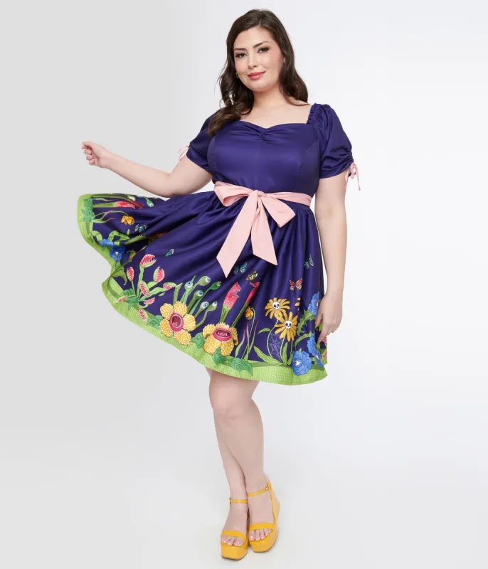 Unique Vintage 1950s Plus Size Purple Carnivorous Plants Dakota Flare Dress sold by Unique Vintage