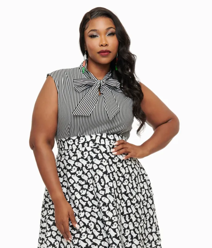 Retrolicious Plus Size 1950s Black & White Striped Bow Top sold by Unique Vintage