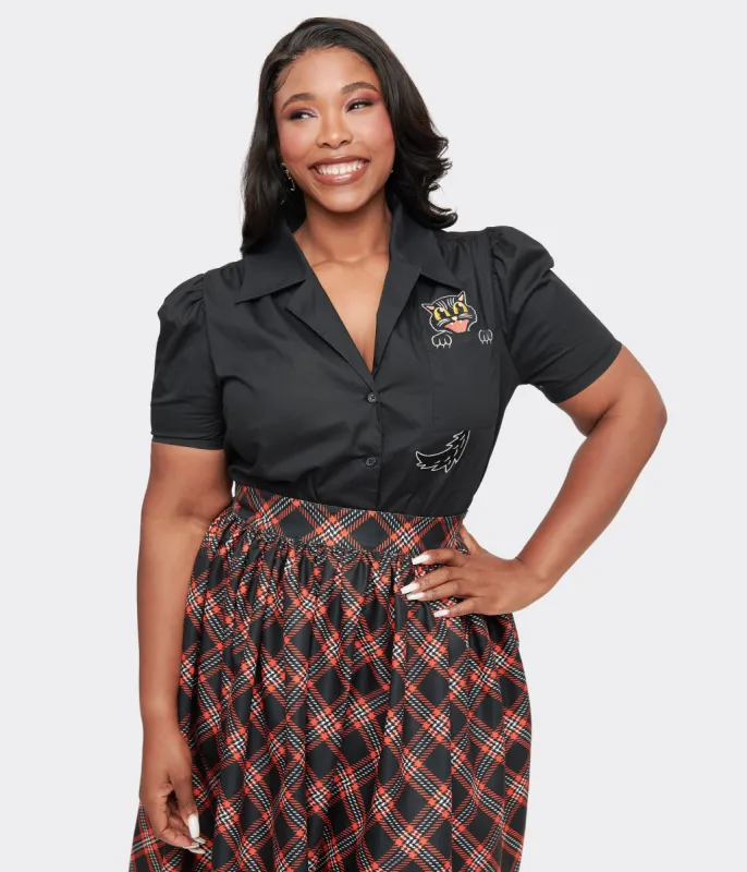 Unique Vintage Plus Size 1940s Black Spooky Cat Cotton Blouse sold by Unique Vintage