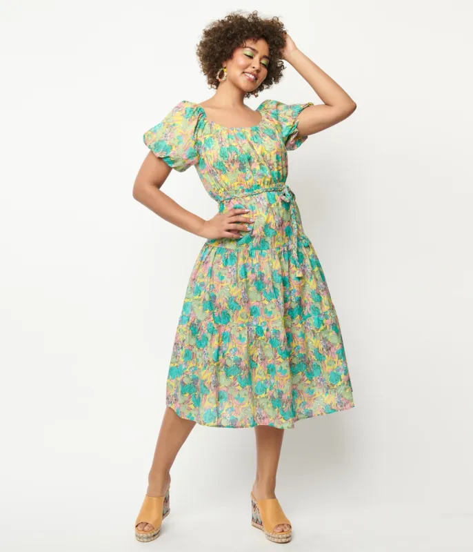 Yellow & Green Floral Tiered Midi Dress sold by Unique Vintage