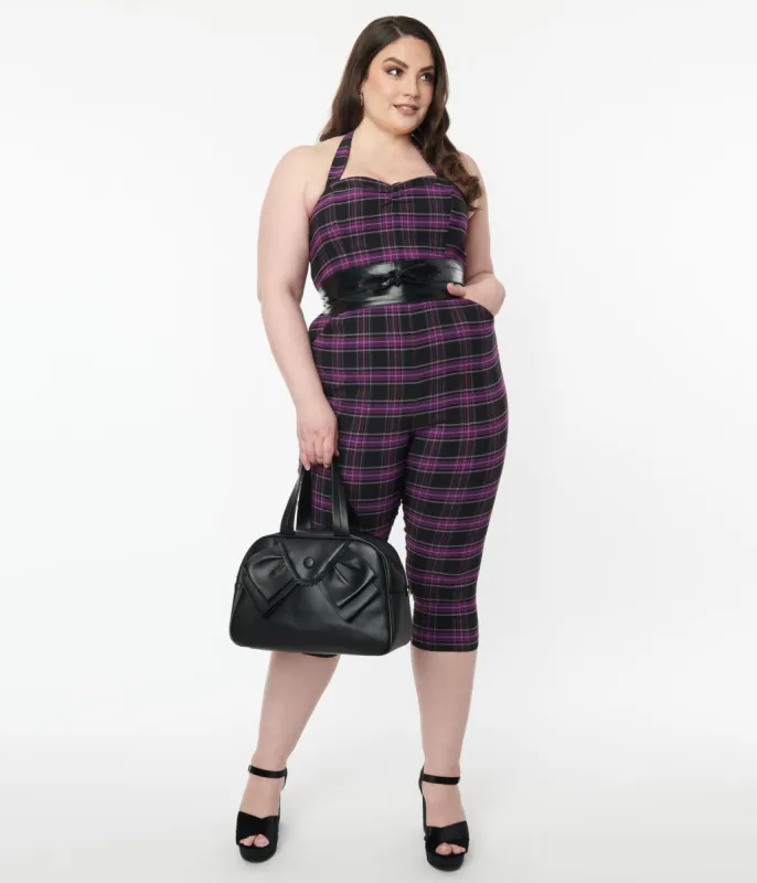 Unique Vintage Plus Size 1970s Purple & Black Plaid Marcel Jumpsuit sold by Unique Vintage