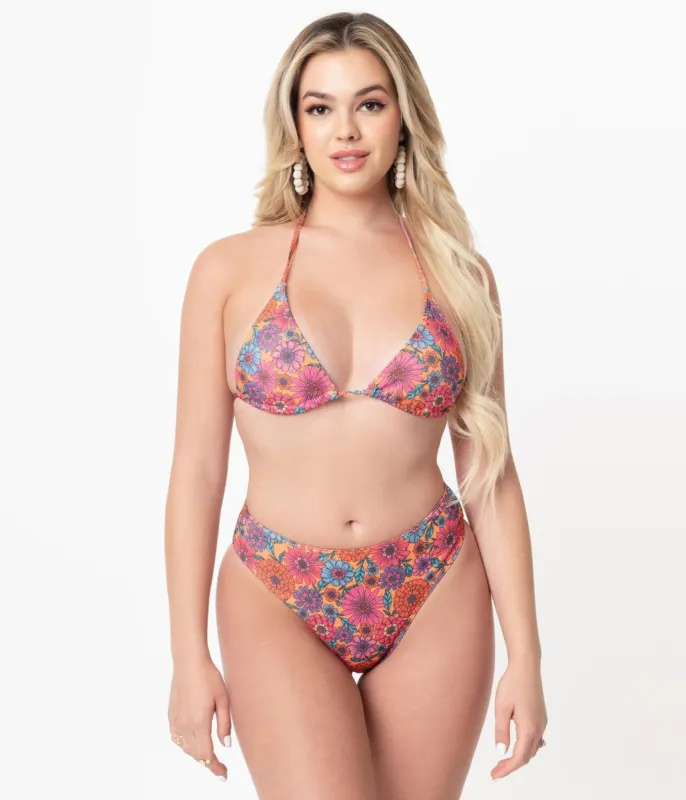 1970s Orange & Floral High Leg Swim Bottoms sold by Unique Vintage