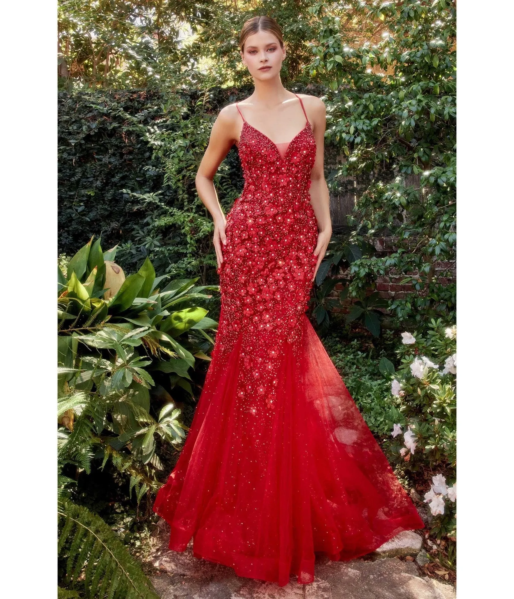 Cinderella Divine Red Chromatic Floral Mermaid Bridesmaid Dress sold by Unique Vintage