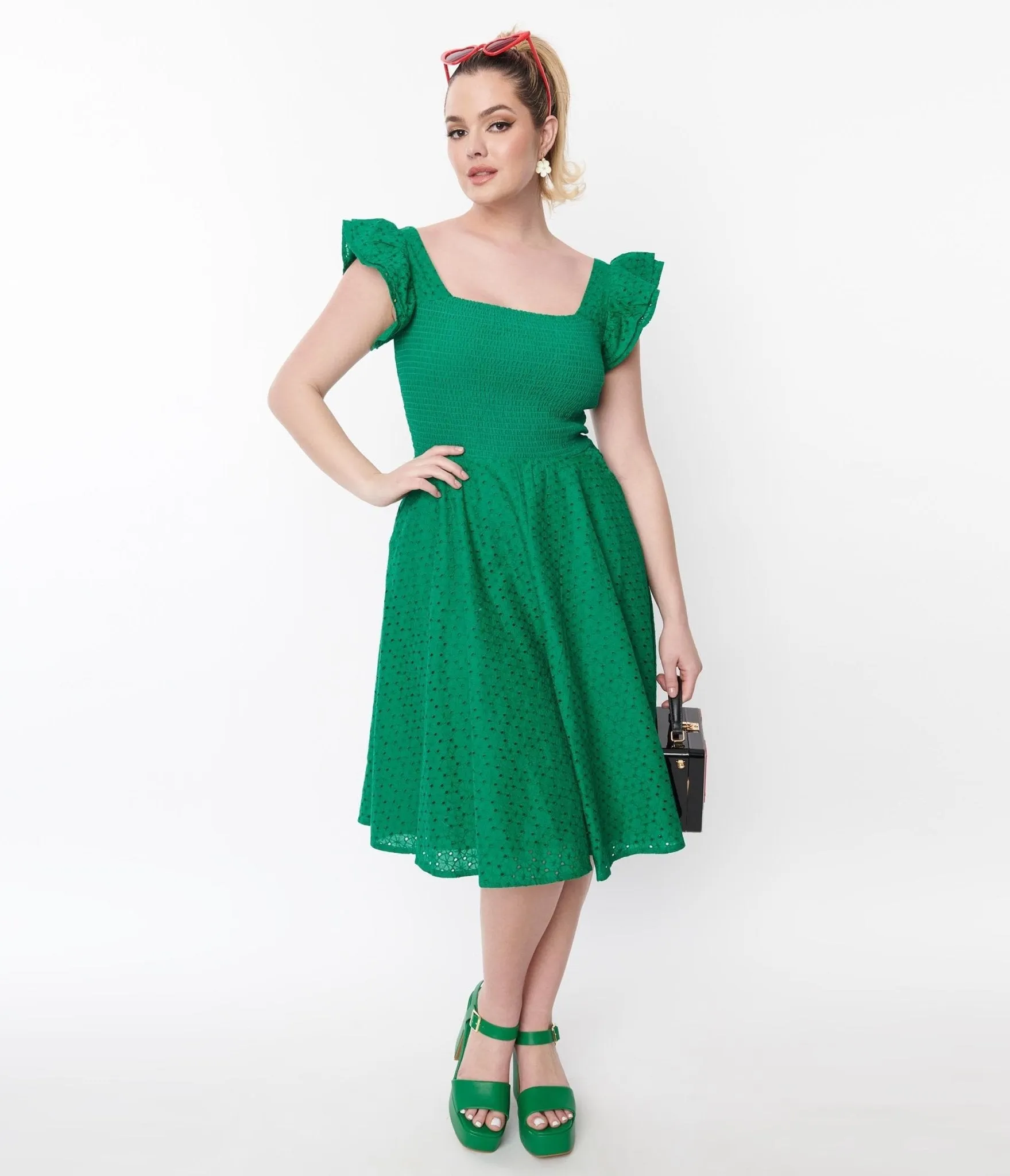 Green Eyelet Ruffle Sleeve Swing Dress sold by Unique Vintage product image thumbnail 4