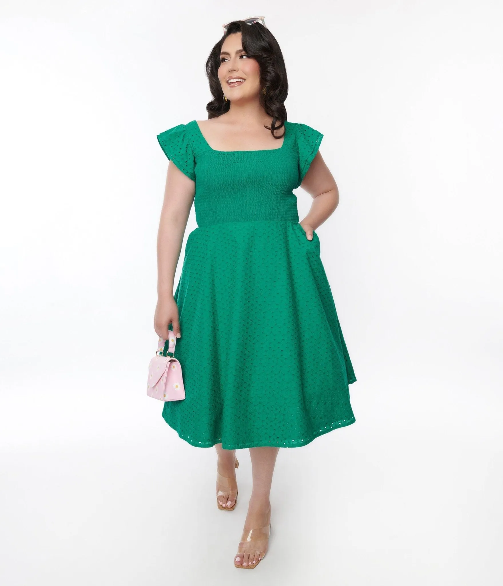 Green Eyelet Ruffle Sleeve Swing Dress sold by Unique Vintage