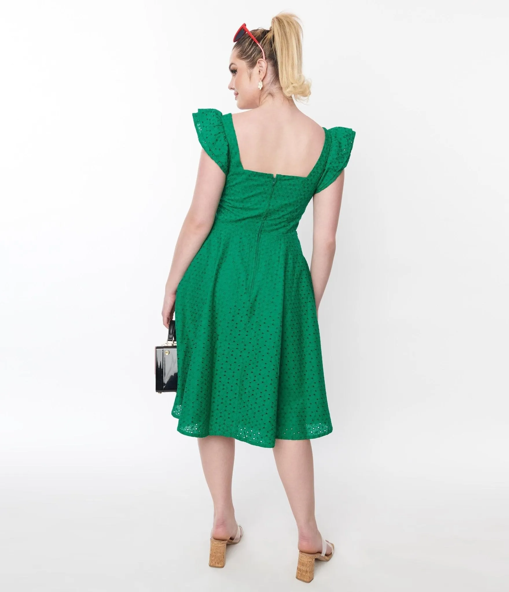 Green Eyelet Ruffle Sleeve Swing Dress sold by Unique Vintage product image thumbnail 5
