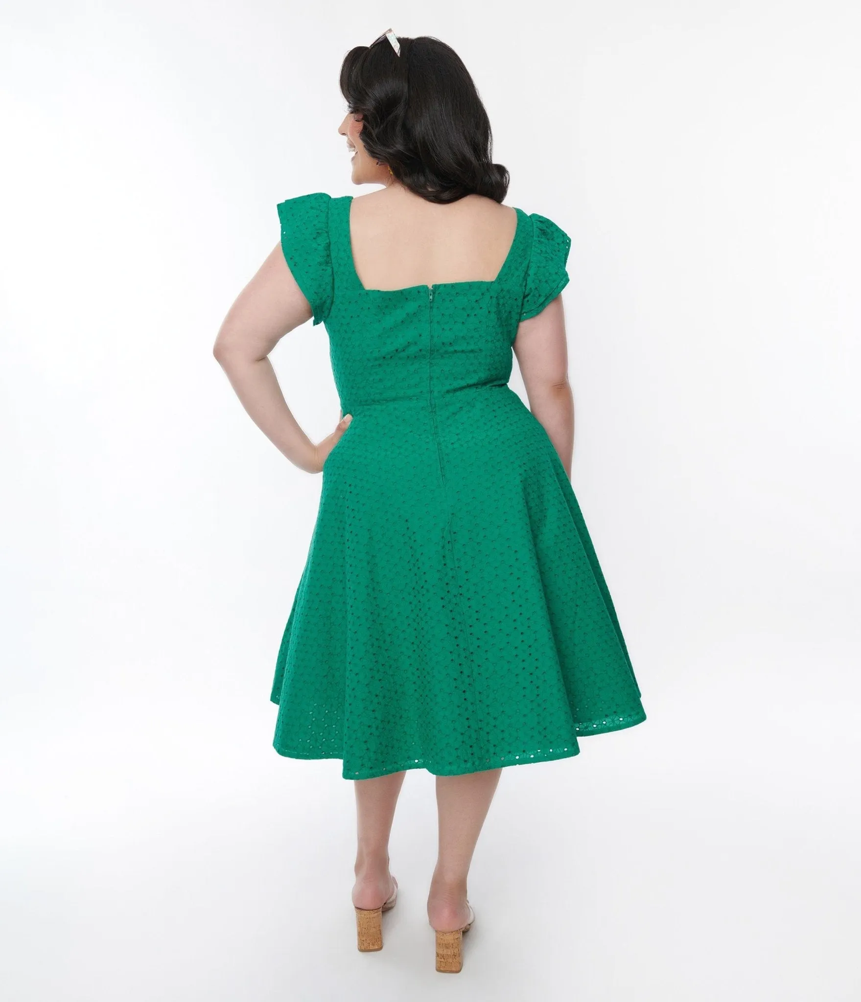 Green Eyelet Ruffle Sleeve Swing Dress sold by Unique Vintage product image thumbnail 2
