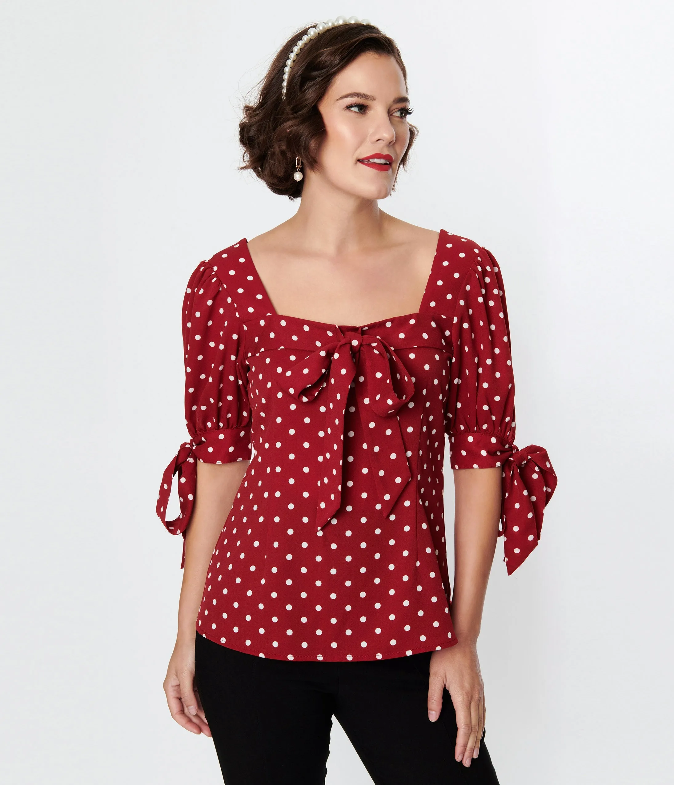 Unique Vintage 1950s Red & White Polka Dot Bow Fitted Top sold by Unique Vintage product image thumbnail 3