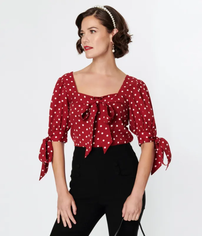 Unique Vintage 1950s Red & White Polka Dot Bow Fitted Top sold by Unique Vintage