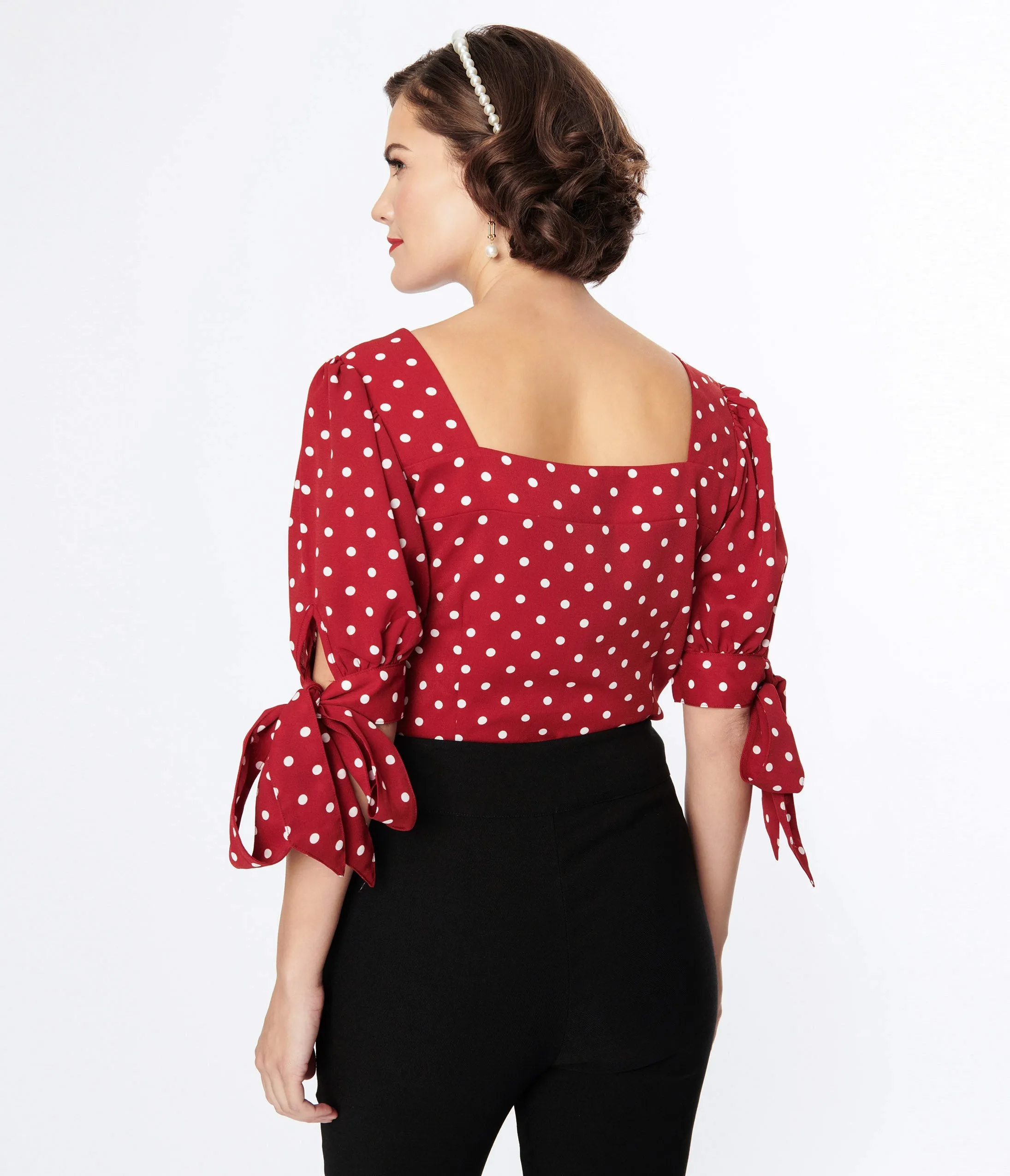 Unique Vintage 1950s Red & White Polka Dot Bow Fitted Top sold by Unique Vintage product image thumbnail 2
