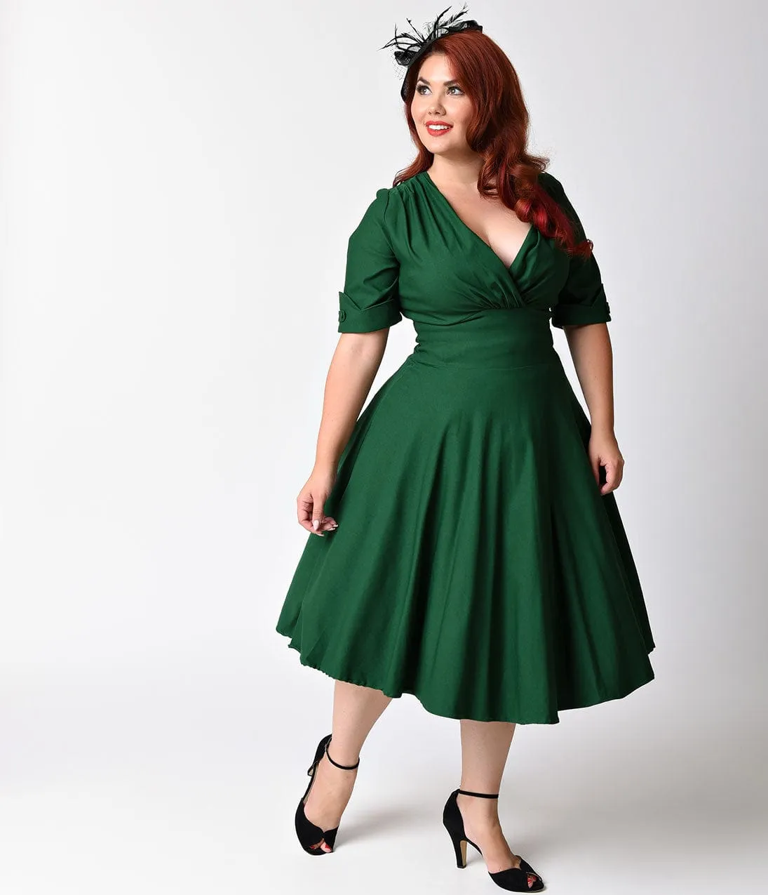 Unique Vintage Plus Size Emerald Green Delores Swing Dress with Sleeves sold by Unique Vintage
