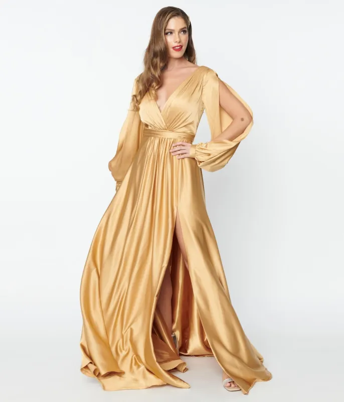 Gold Satin Long Sleeve Goddess Gown sold by Unique Vintage